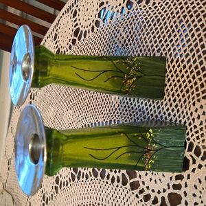 Tree of Life green glass candlesticks by Amalia Flaisher